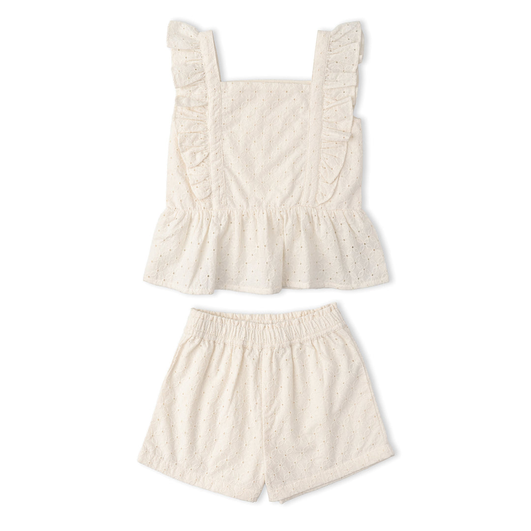 Organic Eyelet Flutter Top And Shorts Set - Ivory Eyelet