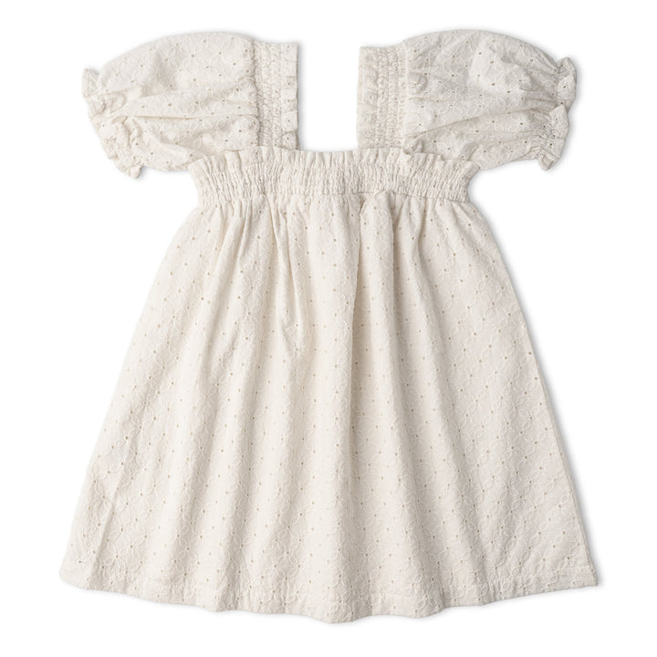 Organic Eyelet Bubble Sleeve Dress - Ivory Eyelet