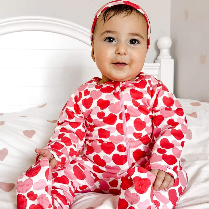 Organic Footie - Red &amp; Pink Hearts