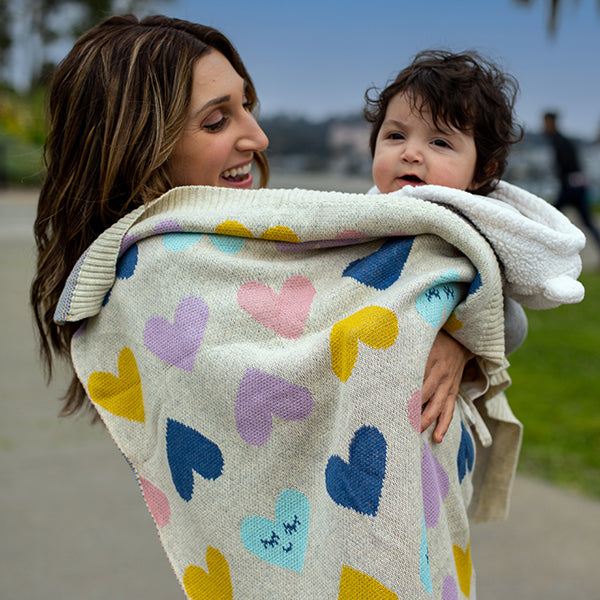 Smiley Hearts Organic Cotton Baby Blanket and Burp Cloth Set