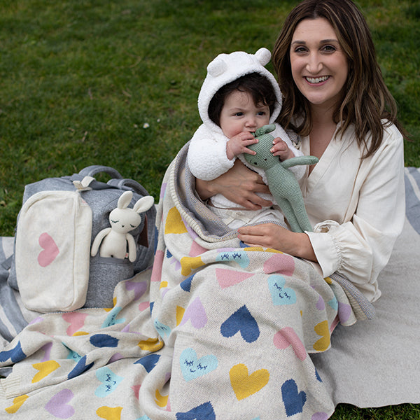 Smiley Hearts Organic Cotton Baby Blanket and Burp Cloth Set