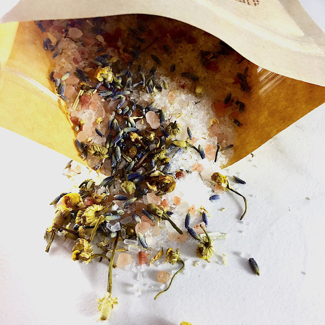 Calming Bath Salts / Detox / Relaxation / Lavender &amp; Chamomile / Essential Oils / Organic Herbs / Herbal Bath Salts for Relaxation Stress