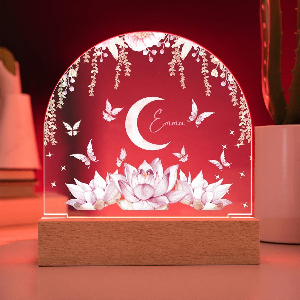 Personalized baby Night light With Name-Floral Moon Nightlight Butterflies, Kids Bedroom Night Light, Newborn baby Christmas gift