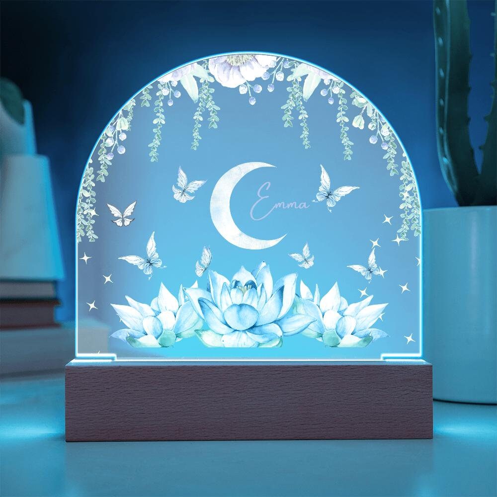 Personalized baby Night light With Name-Floral Moon Nightlight Butterflies, Kids Bedroom Night Light, Newborn baby Christmas gift