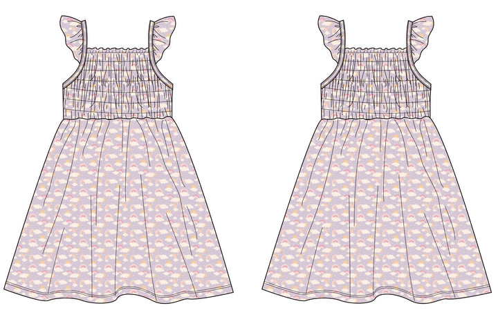 Lavender Rainbows and Clouds Smocked Vintage Dress